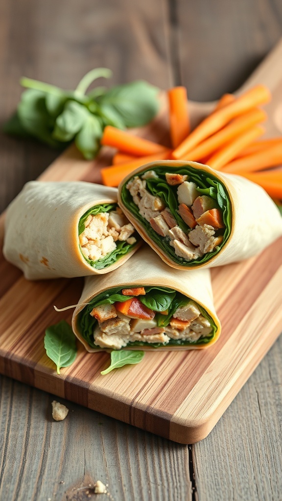 A turkey and spinach wrap cut in half, showing the filling, with carrot sticks on the side.