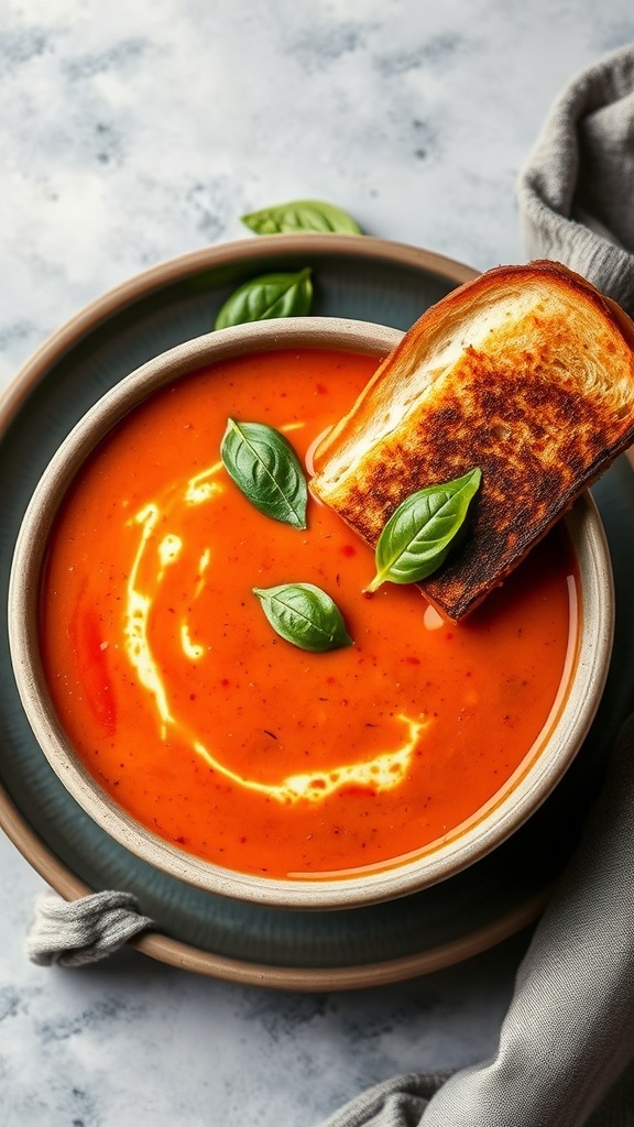 A bowl of creamy tomato basil soup with a grilled cheese sandwich resting on the edge, garnished with fresh basil leaves.
