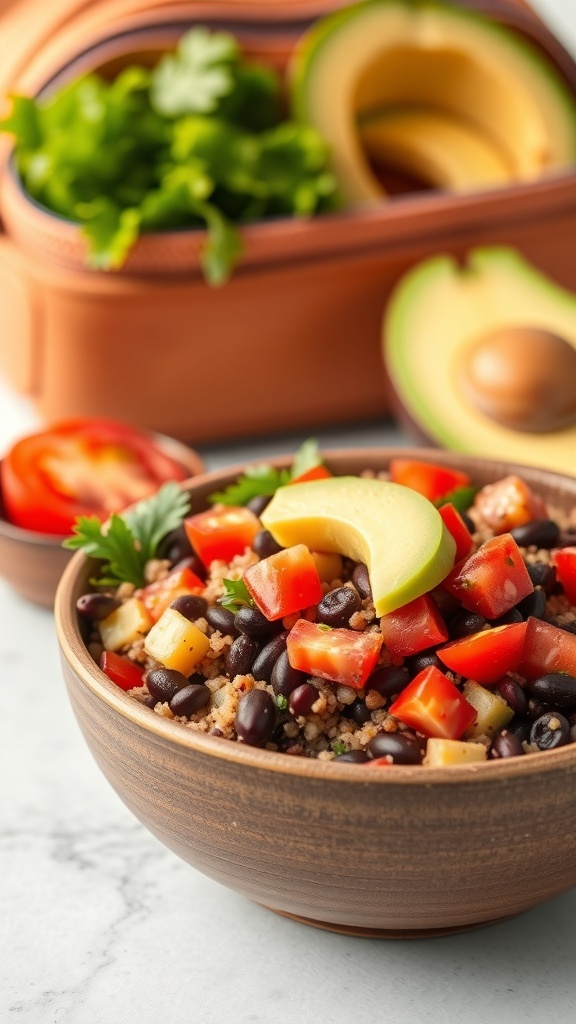 A bowl of quinoa and black bean salad with fresh vegetables and avocado, ready for a healthy lunch.