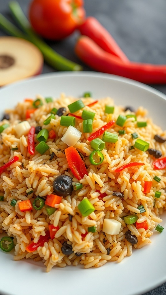 A plate of colorful vegetable fried rice with bell peppers, green onions, and black beans.