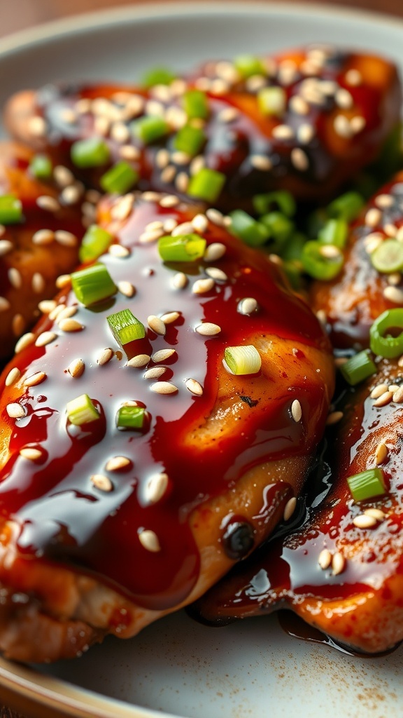 Grilled chicken with teriyaki glaze, garnished with sesame seeds and green onions.