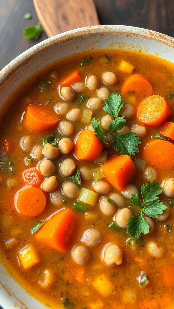 A bowl of lentil soup with carrots and celery, garnished with parsley.