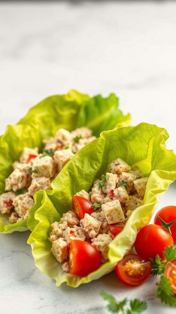 Tuna salad in lettuce wraps with cherry tomatoes