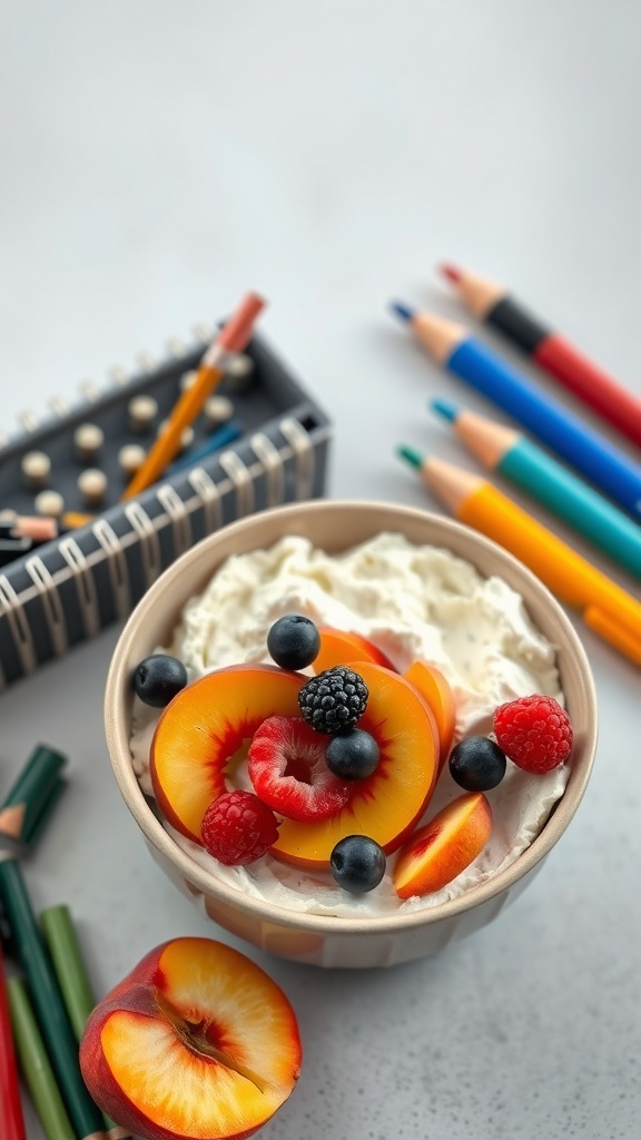 A bowl of cottage cheese topped with sliced peaches, berries, and a whole peach on the side, with colored pencils in the background.