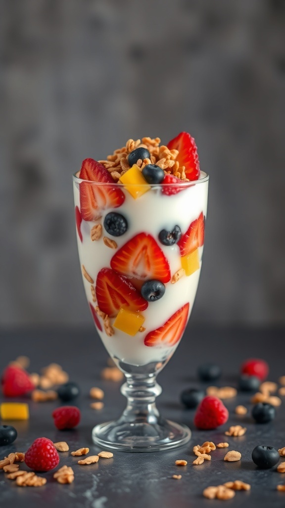 A delicious fruit and yogurt parfait with layers of yogurt, strawberries, blueberries, and granola in a glass.