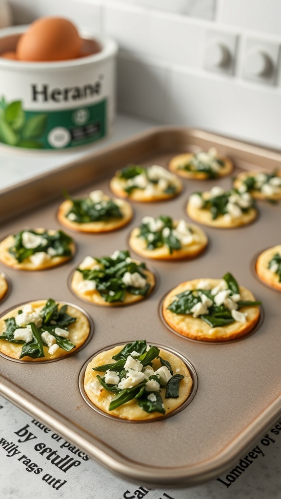 A tray of egg muffins topped with spinach and feta cheese, ready to be served.