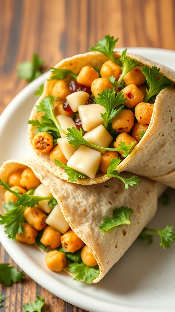 Crispy chickpea wraps filled with chickpeas, greens, and sauce on a plate.