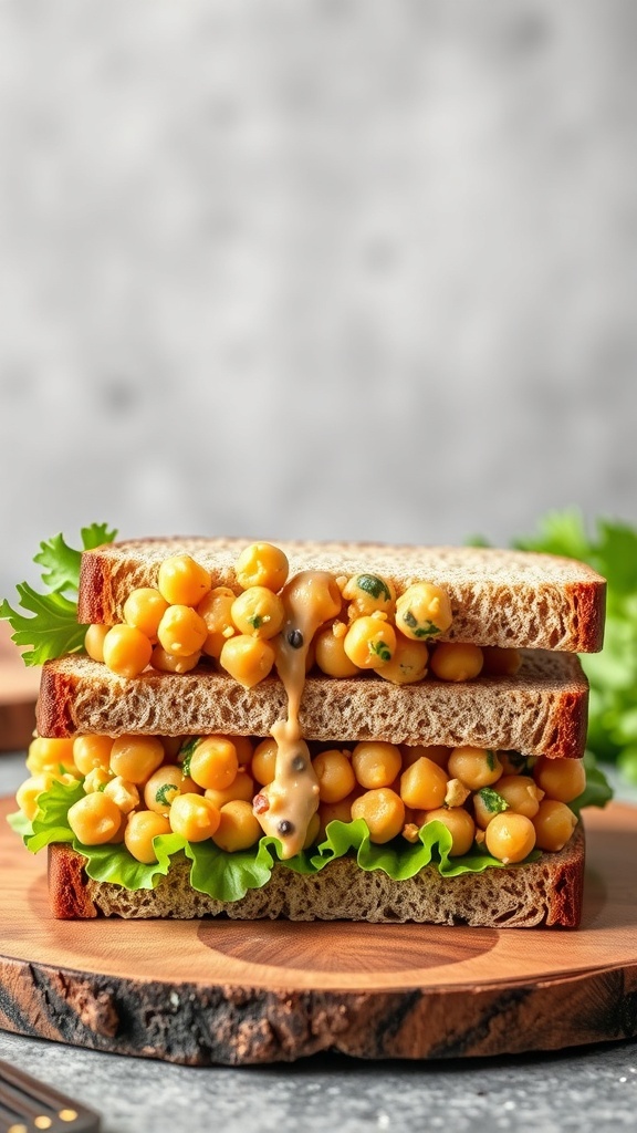 A close-up of a stacked chickpea salad sandwich with lettuce, chickpeas, and whole grain bread.