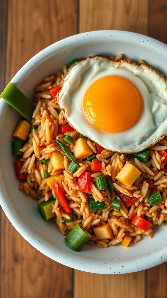 A bowl of vegetable fried rice topped with a sunny-side-up egg.