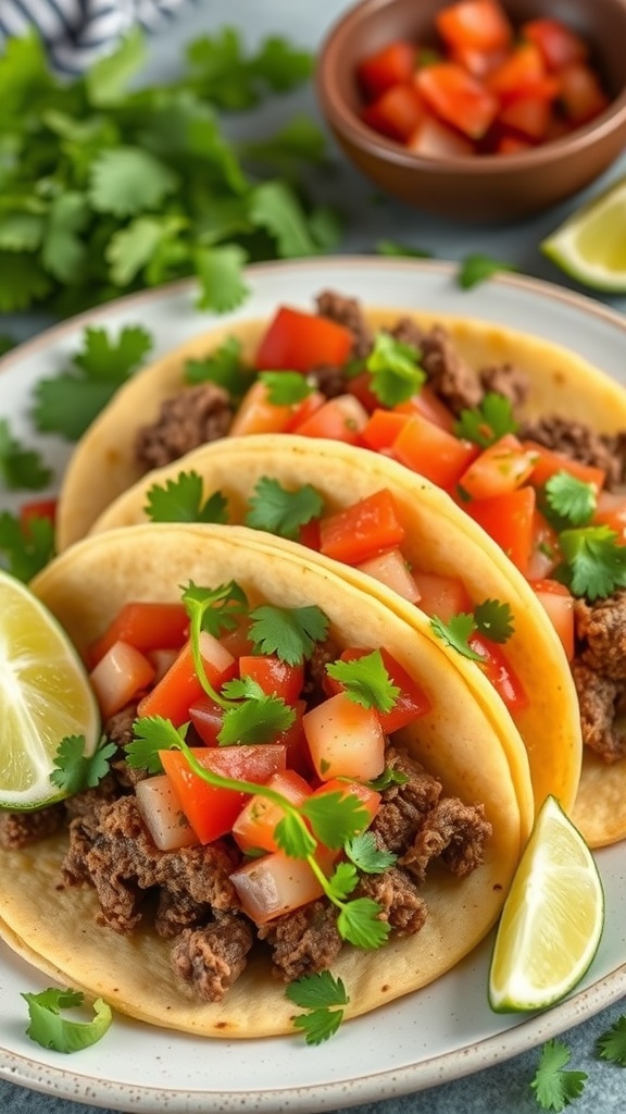 Three beef tacos topped with fresh salsa and cilantro, served with lime wedges.