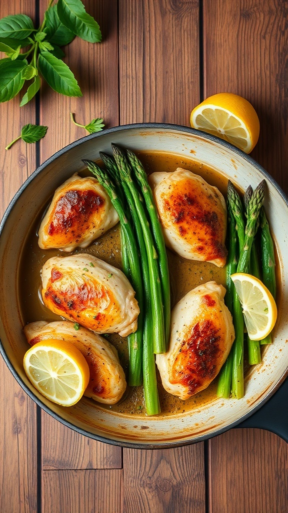 A delicious one-pan meal featuring lemon garlic chicken and asparagus.