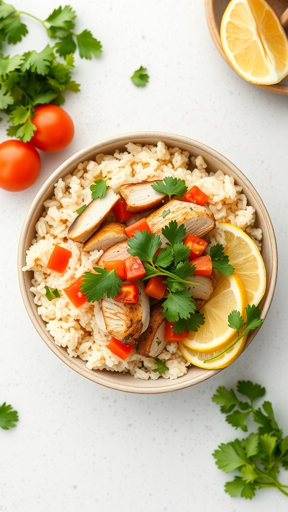 A bowl of chicken and rice burrito bowl with grilled chicken, rice, diced tomatoes, and lemon slices.