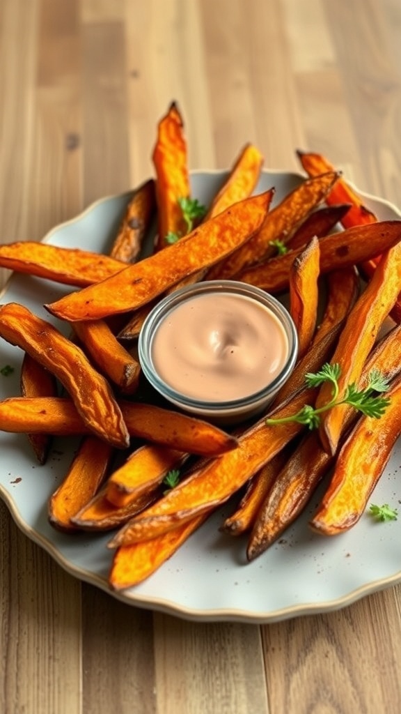 A plate of baked sweet potato fries served with a dipping sauce