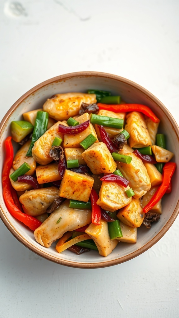 A bowl of chicken stir-fry with mixed vegetables, featuring colorful bell peppers, green onions, and tender chicken pieces.