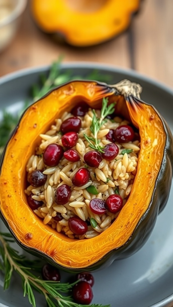 A plate of stuffed acorn squash filled with wild rice and cranberries.