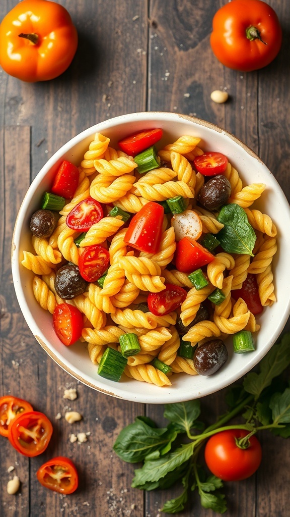 A bowl of veggie-packed pasta salad with cherry tomatoes, bell peppers, and green onions, surrounded by fresh vegetables.