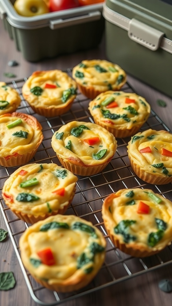 A tray of colorful egg muffins with spinach and bell peppers, ready for lunch.