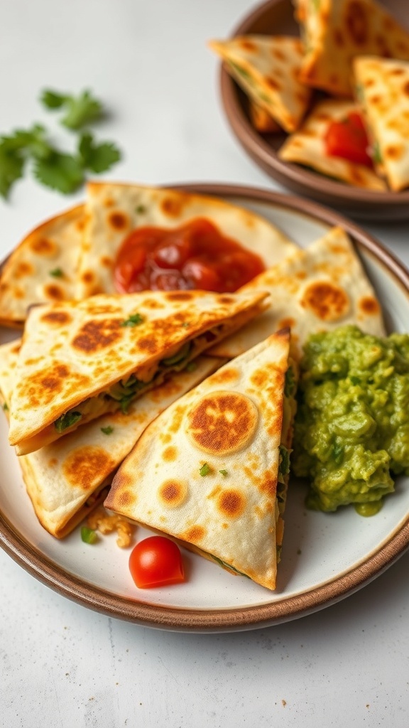 A plate of cheesy veggie quesadillas with salsa and guacamole on the side