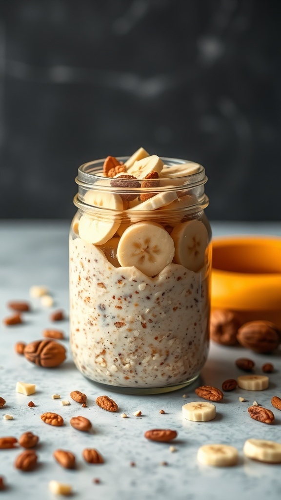 A jar of peanut butter banana overnight oats topped with banana slices and nuts.