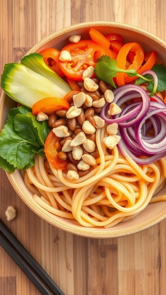 Bowl of Thai peanut noodles topped with colorful vegetables and peanuts.