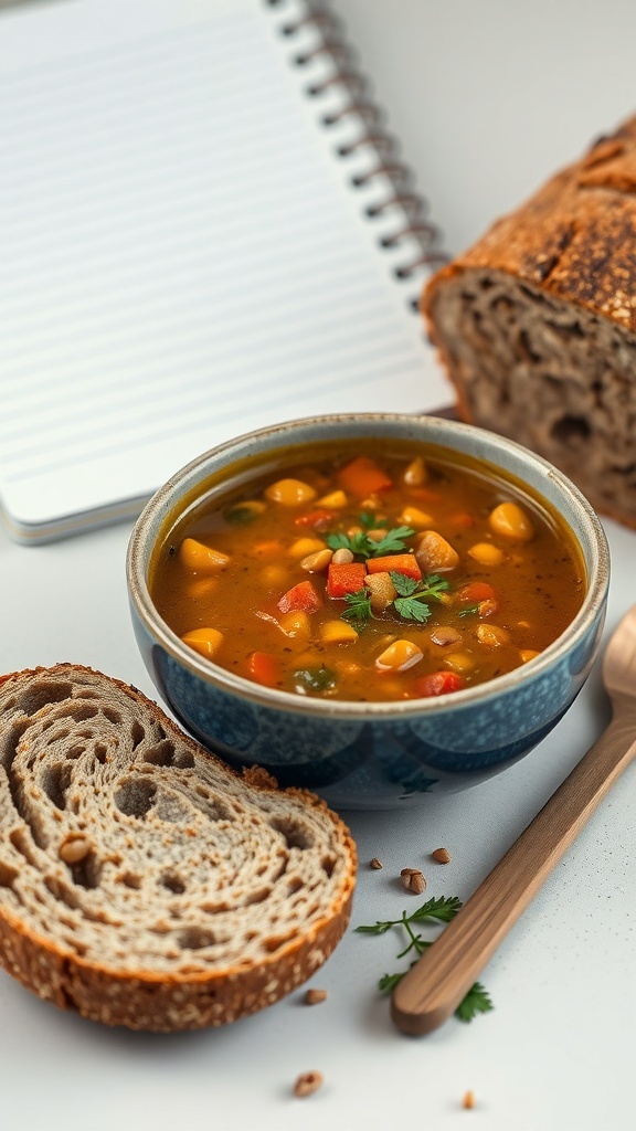 A bowl of lentil soup with colorful vegetables, served with slices of whole grain bread.