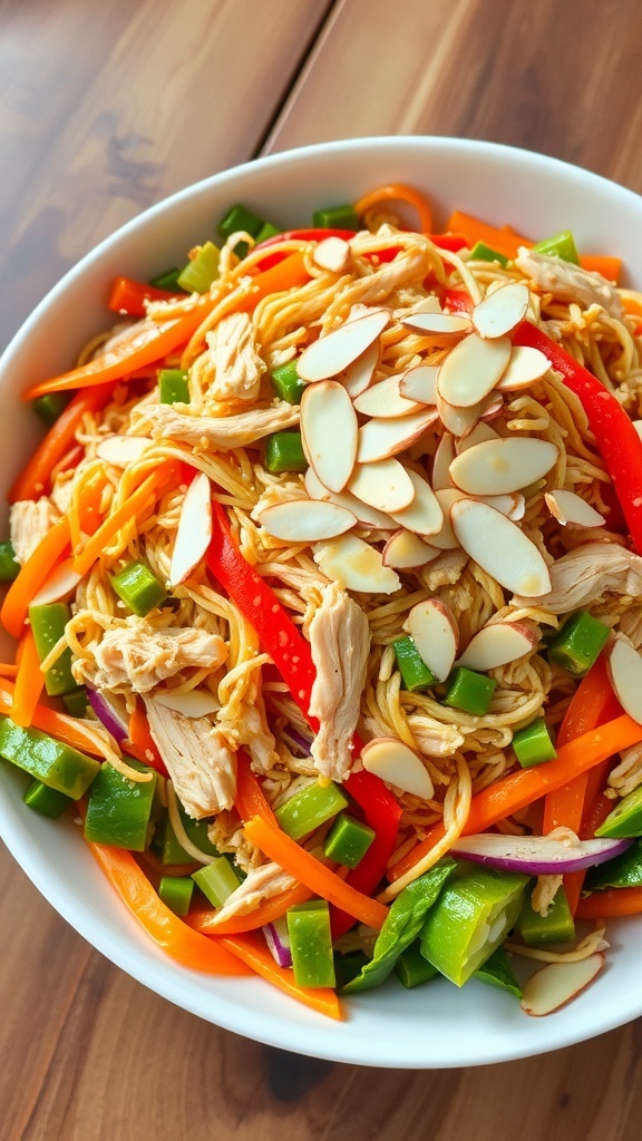 Crunchy Asian Chicken Salad Recipe A colorful bowl of Asian chicken salad with vegetables, chicken, and chow mein noodles, garnished with almonds.