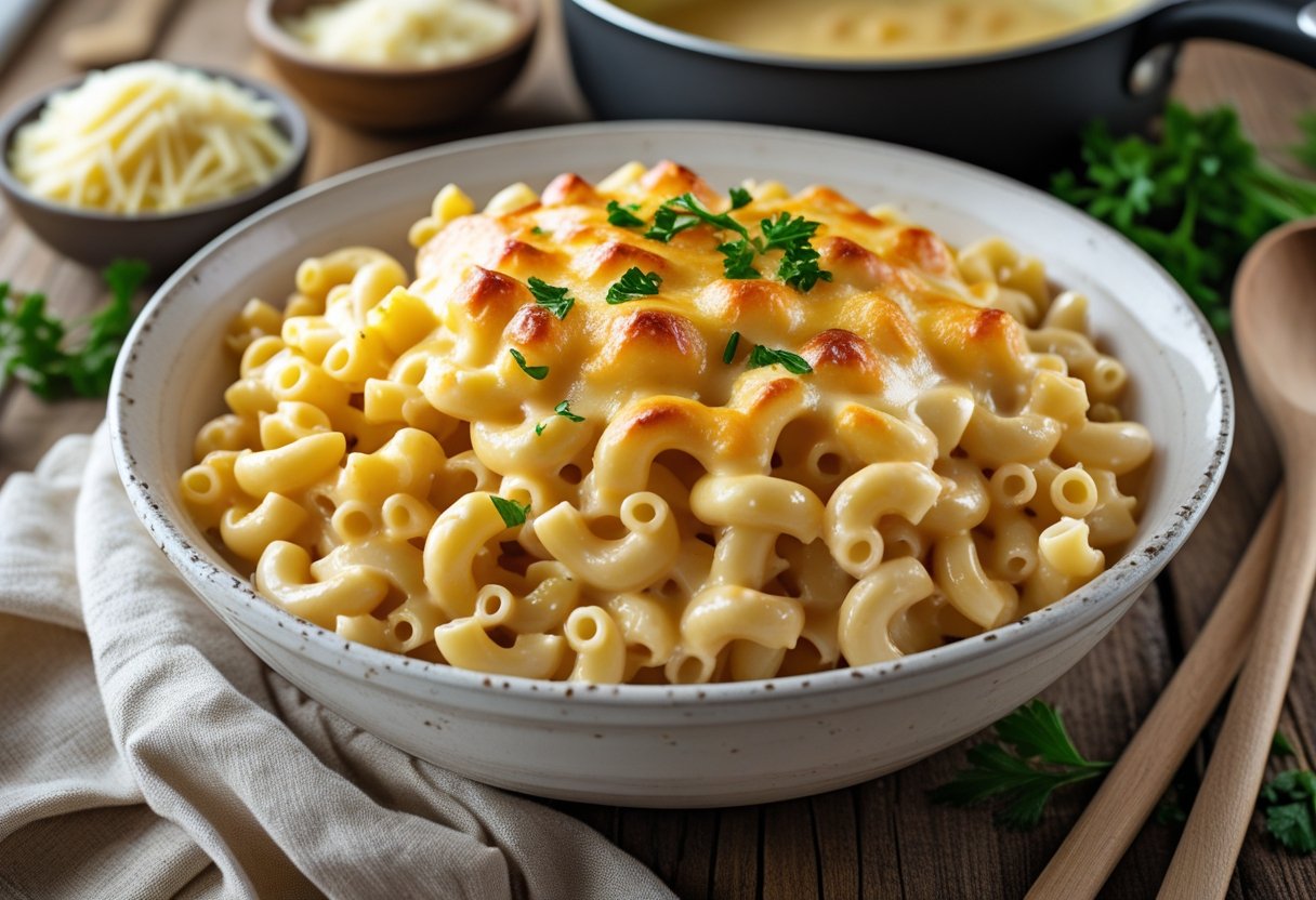 A bowl of creamy macaroni béchamel with melted cheese on top, placed on a wooden table with cooking ingredients and utensils around it.