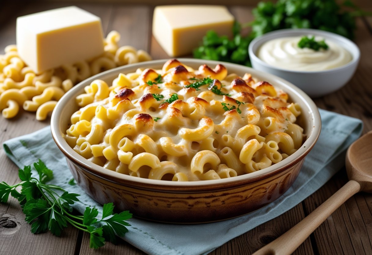 A baked macaroni béchamel dish in a ceramic baking dish on a wooden table with ingredients and a wooden spoon nearby.