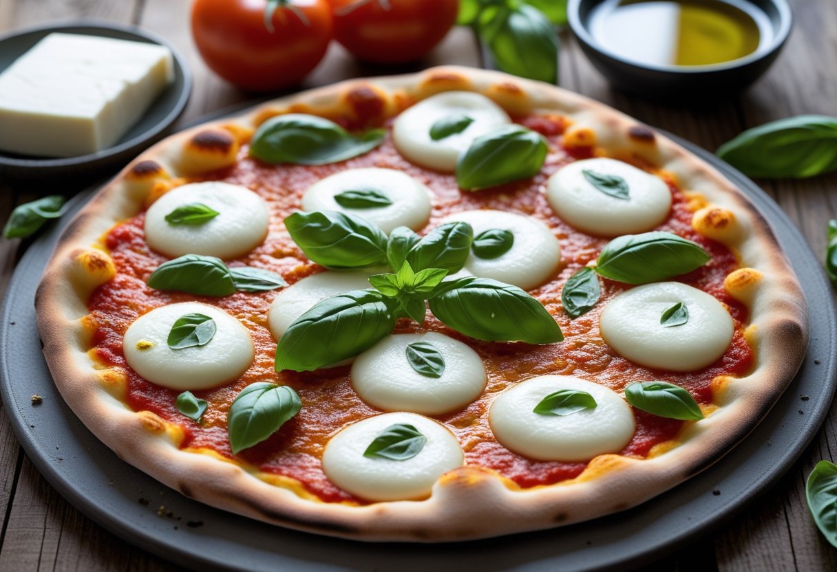 A freshly baked Margherita pizza on a wooden table with tomatoes, mozzarella, olive oil, and basil around it.