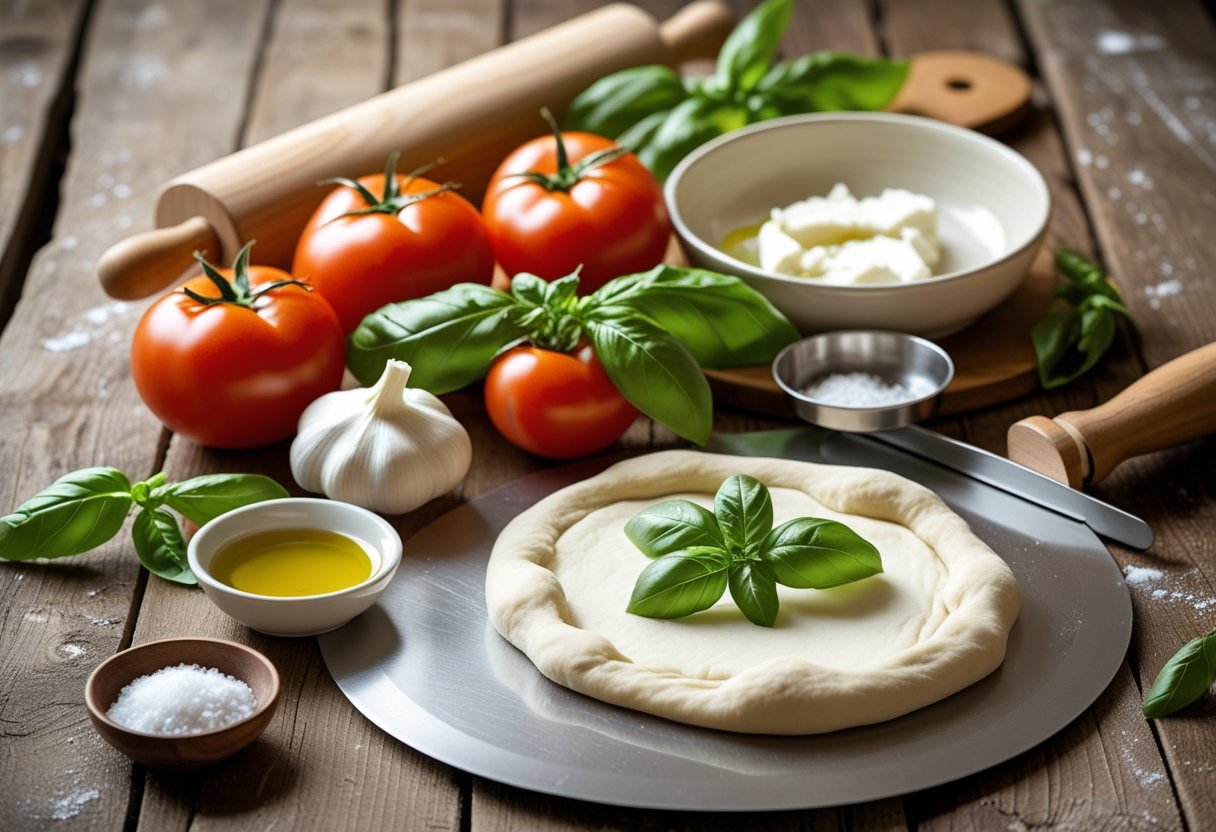 A wooden surface displaying fresh tomatoes, basil leaves, mozzarella cheese, olive oil, garlic, sea salt, a rolling pin, pizza cutter, and raw pizza dough.