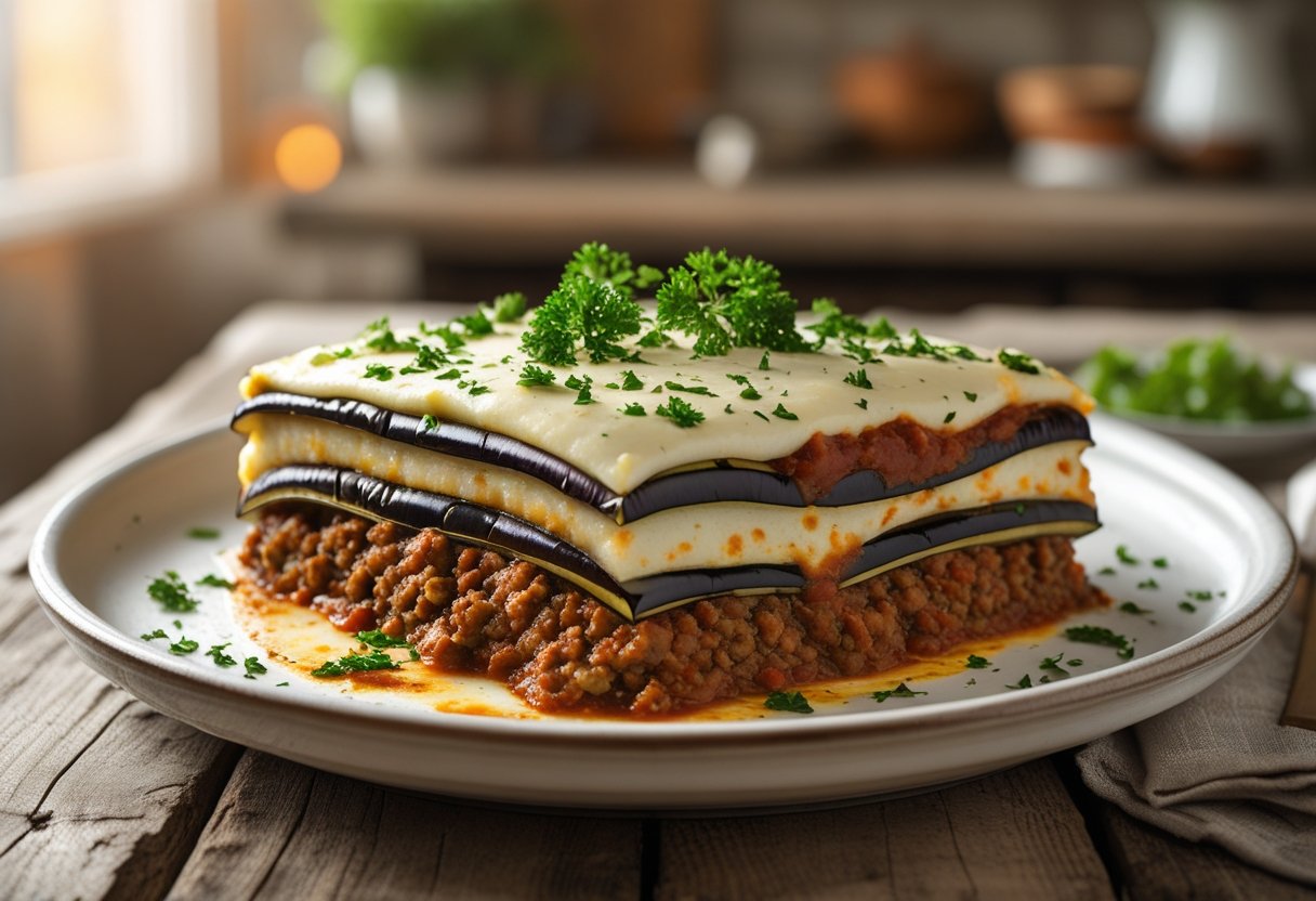 A plate of traditional Greek moussaka with layers of eggplant, meat sauce, and béchamel sauce, garnished with parsley on a wooden table.
