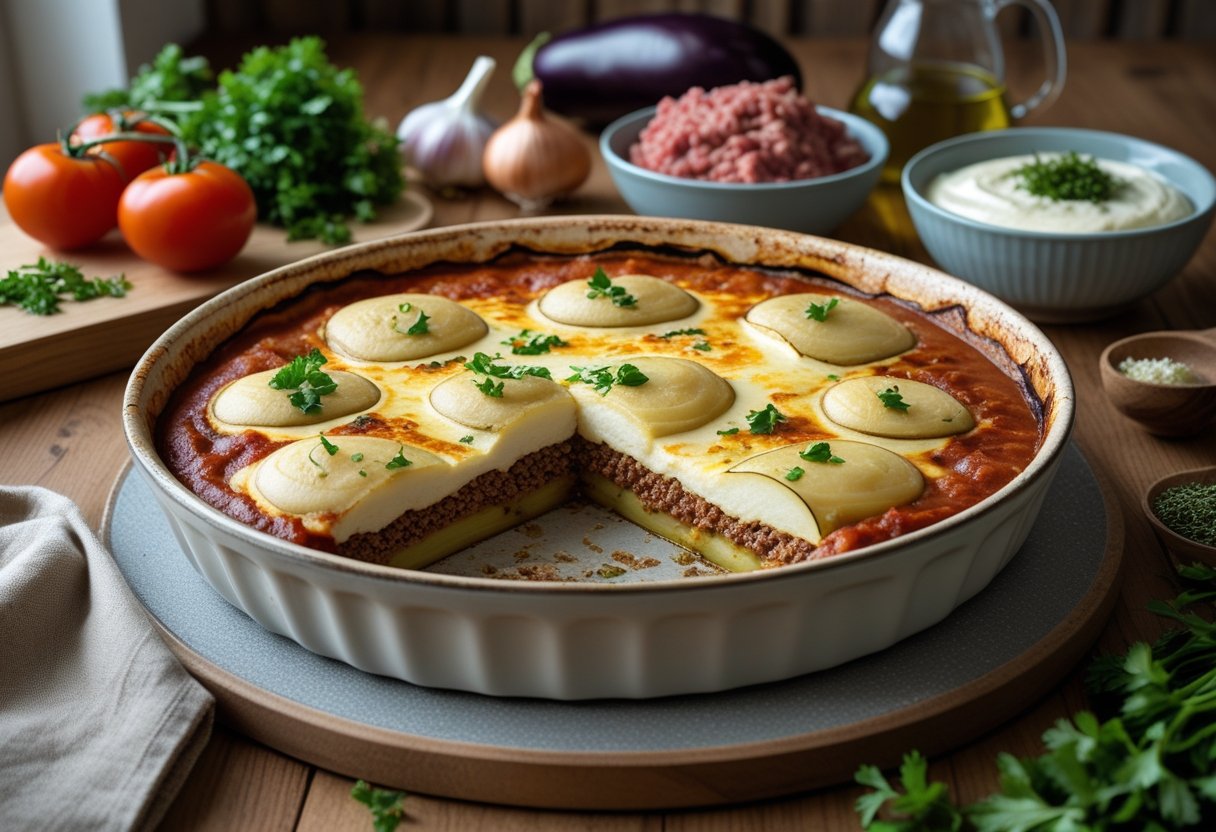 A freshly baked moussaka in a ceramic dish showing layered eggplant, meat sauce, and béchamel, surrounded by raw ingredients like eggplants, tomatoes, garlic, onions, ground lamb, olive oil, and herbs on a wooden table.