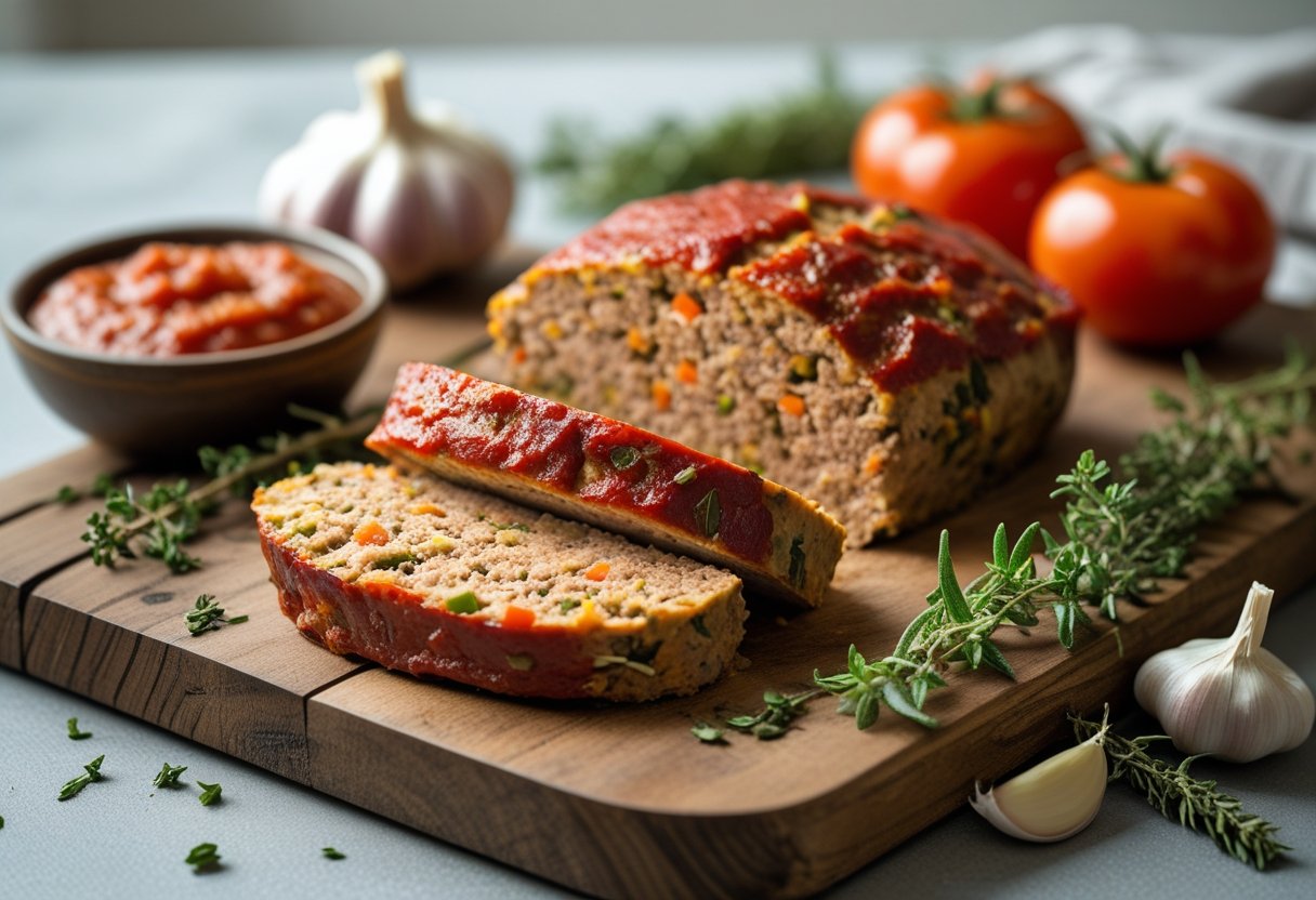 Sliced turkey meatloaf on a wooden cutting board with fresh herbs and vegetables around it.
