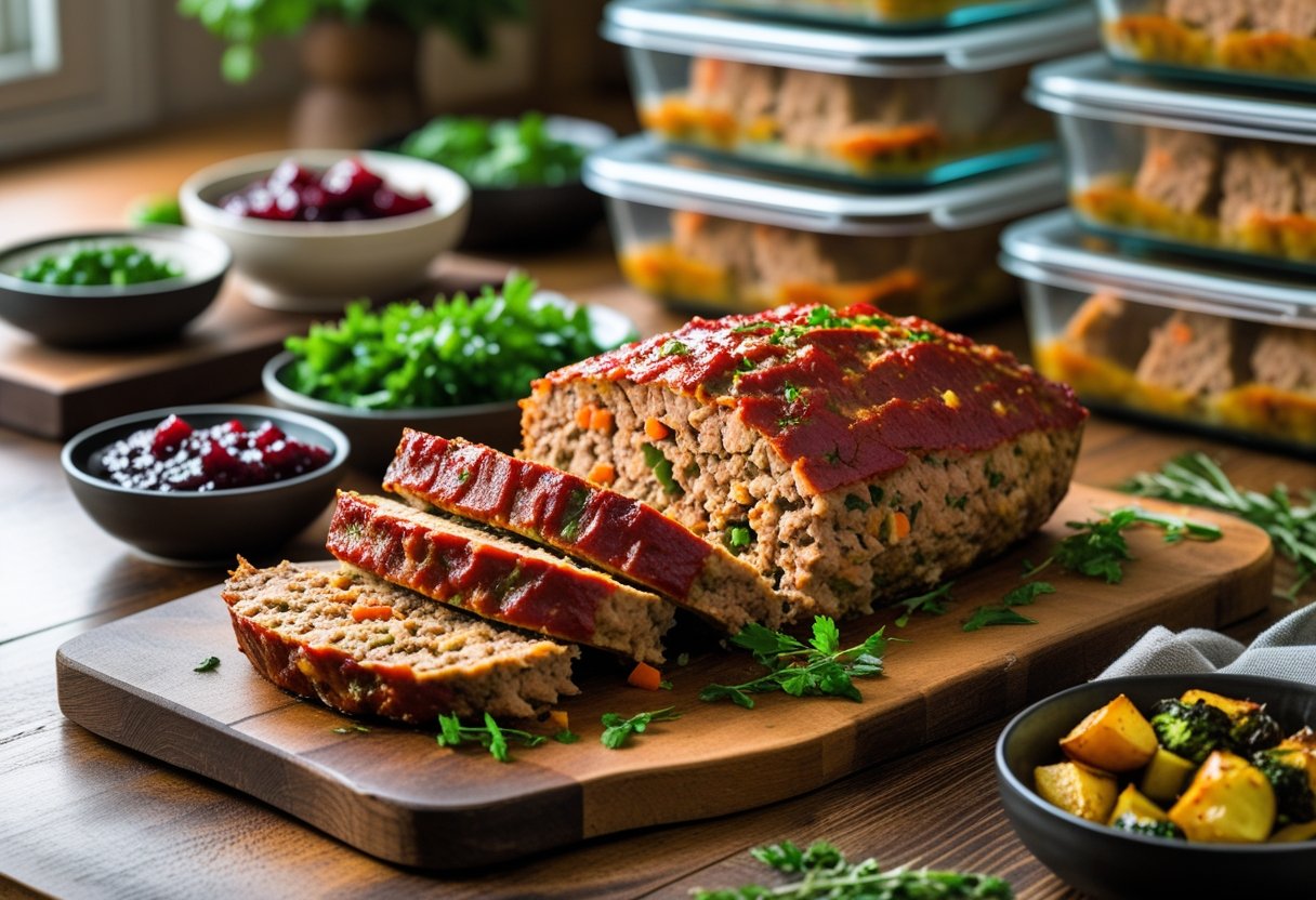 Sliced turkey meatloaf on a wooden board with bowls of garnishes and glass containers of leftovers on a kitchen countertop.
