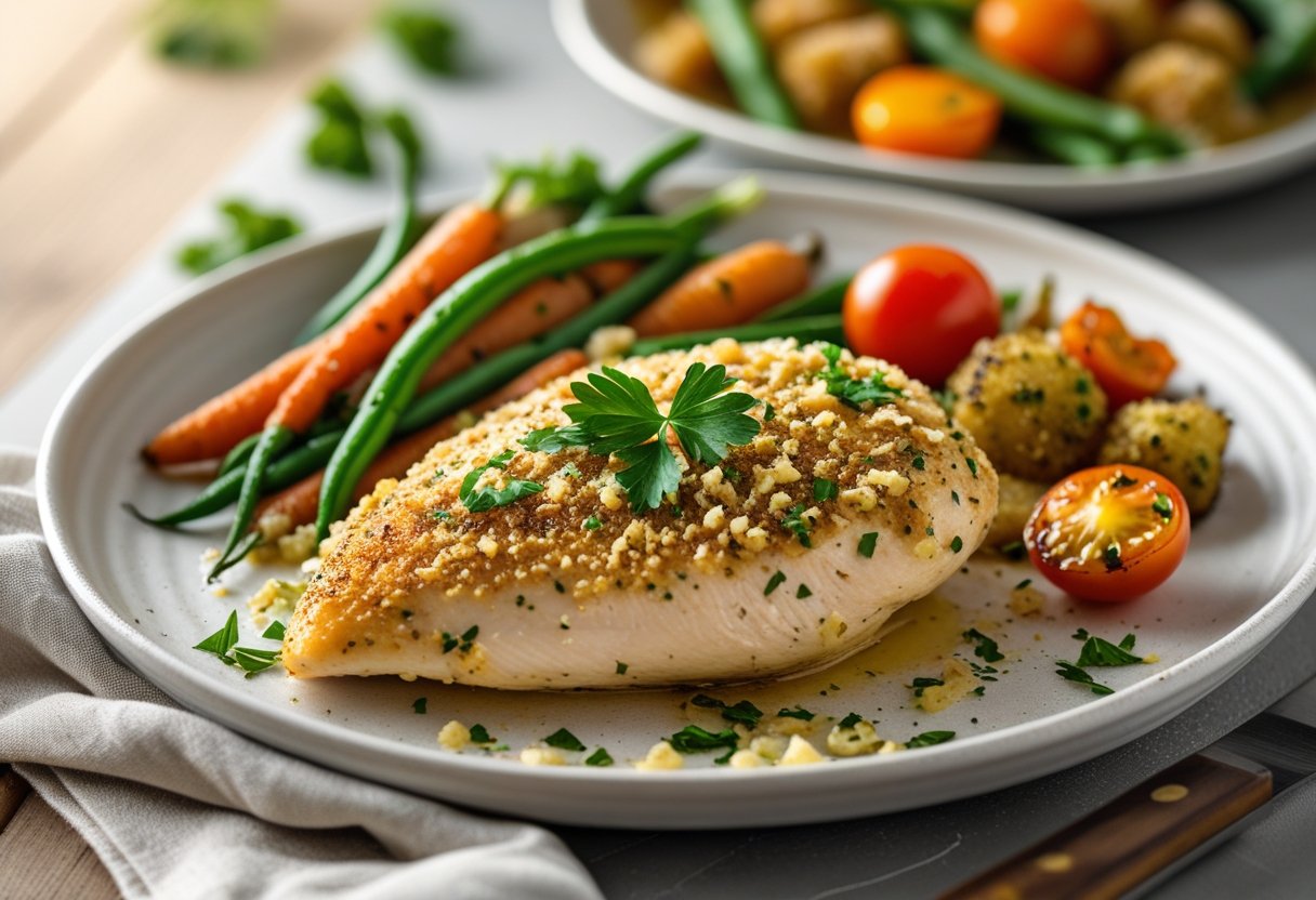 A plate of golden brown garlic parmesan crusted chicken with roasted vegetables on a dining table.