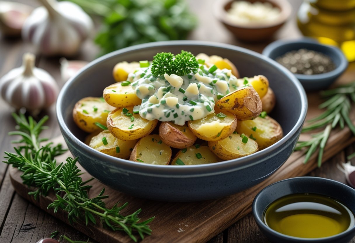 A bowl of smashed potatoes topped with creamy herb sauce on a wooden table with fresh herbs and cooking ingredients around it.