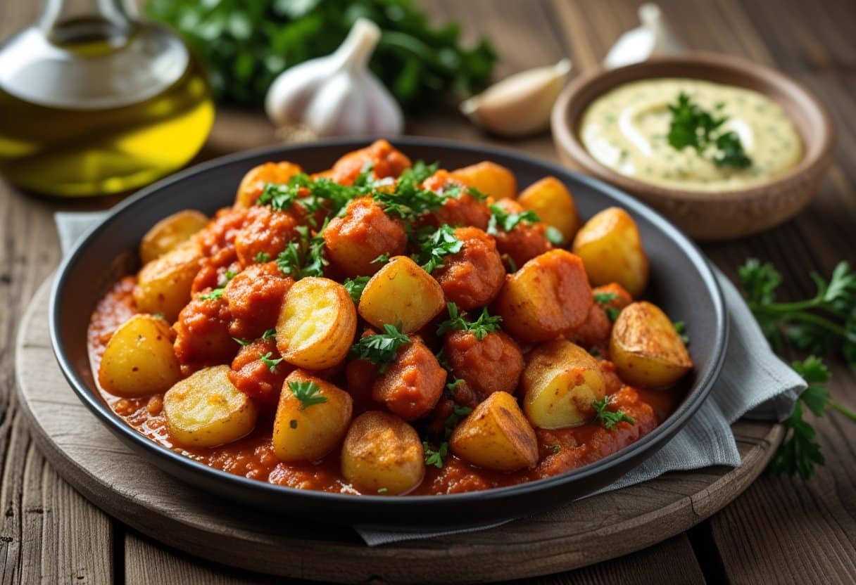 A serving of crispy fried potatoes covered in spicy red sauce with a small bowl of garlic aioli on a wooden table.