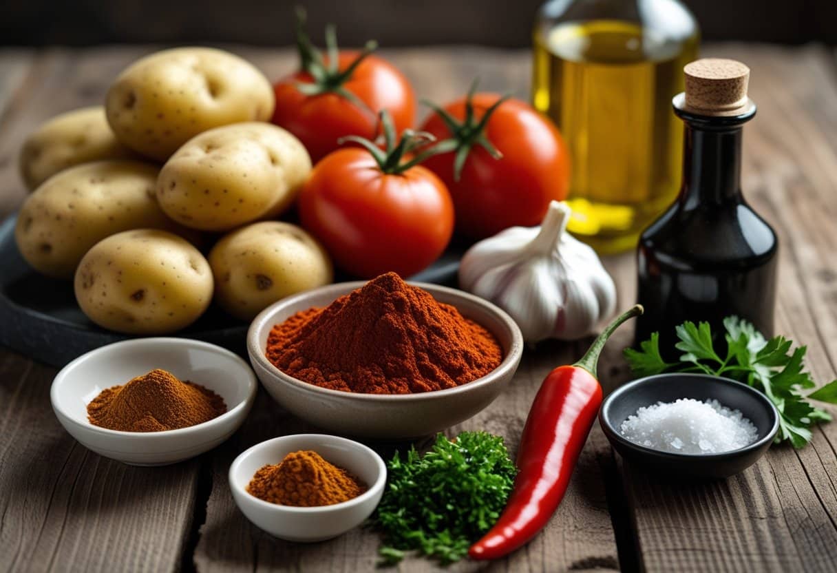Fresh ingredients including potatoes, tomatoes, garlic, paprika, olive oil, chili pepper, parsley, and sea salt arranged on a wooden table.