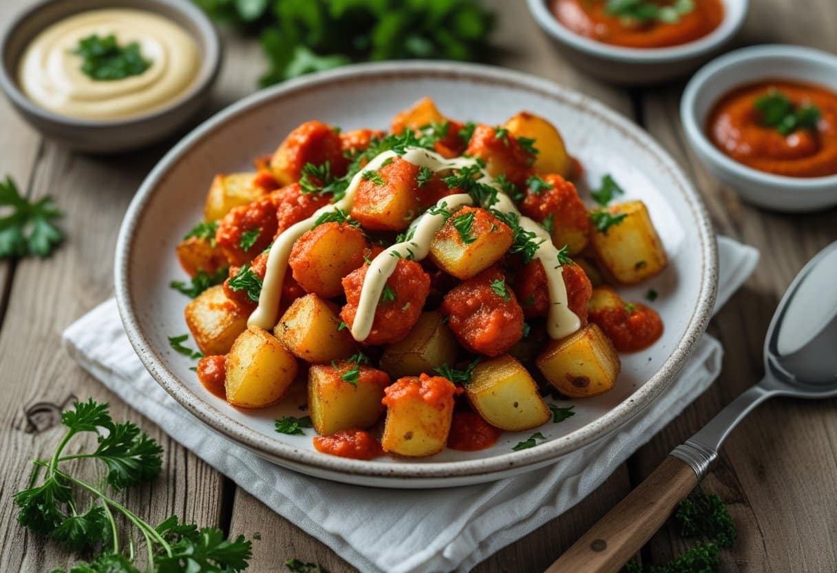 A plate of crispy fried potato cubes covered in red spicy tomato sauce and garnished with parsley, served on a wooden table with small bowls of sauce nearby.