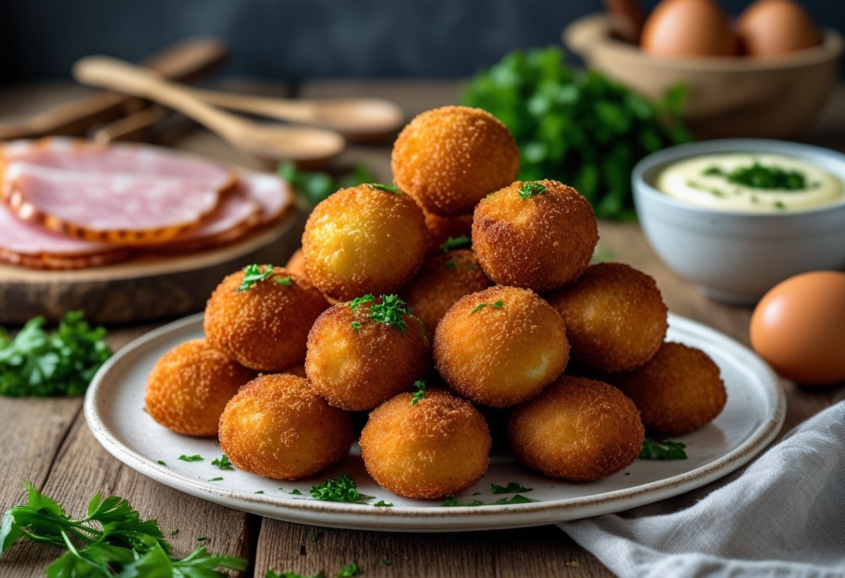 Plate of golden ham croquettes on a wooden table with slices of ham and cooking ingredients nearby.