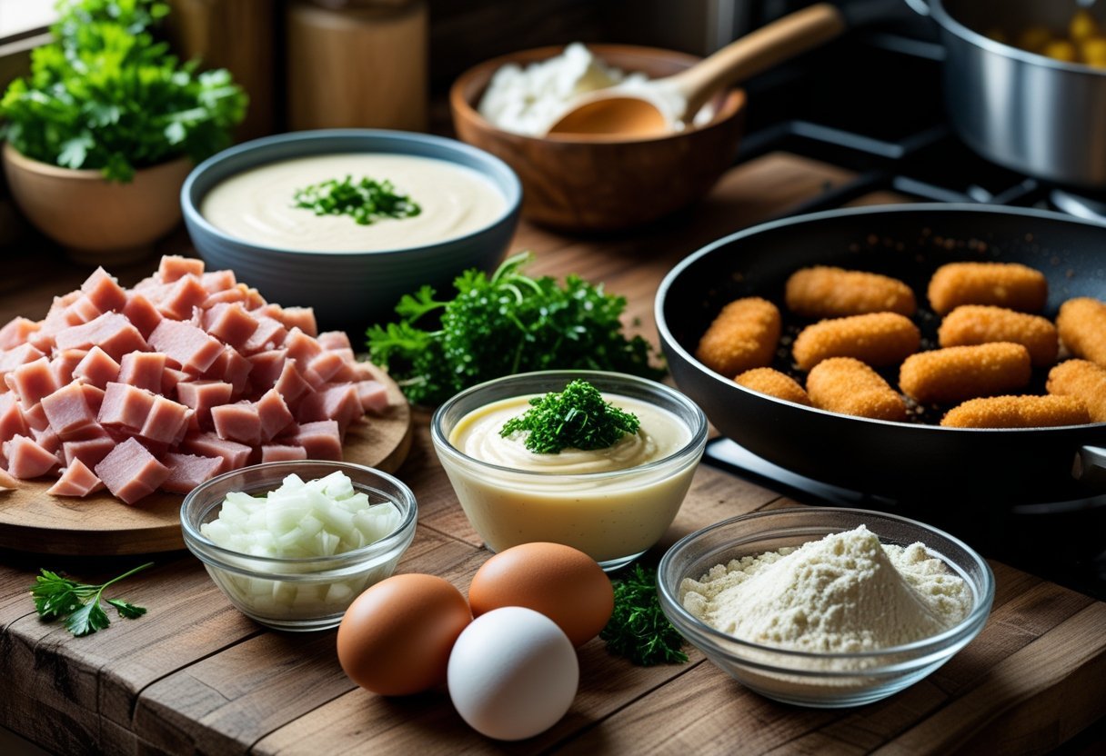 A kitchen countertop with ingredients and utensils for making ham croquettes, including diced ham, béchamel sauce, eggs, flour, breadcrumbs, and a pan with cooked croquettes.