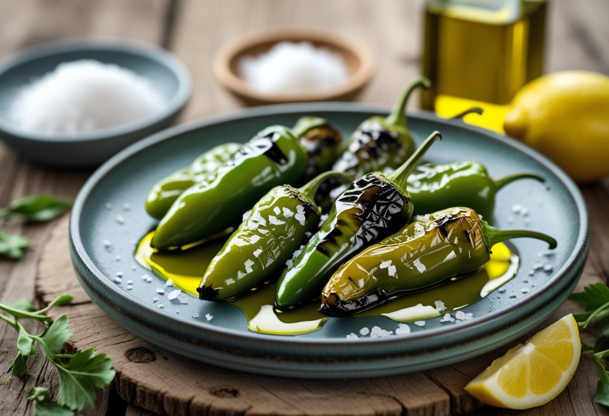 A plate of blistered green Pimientos de Padrón peppers on a wooden table with sea salt, olive oil, and a lemon wedge nearby.