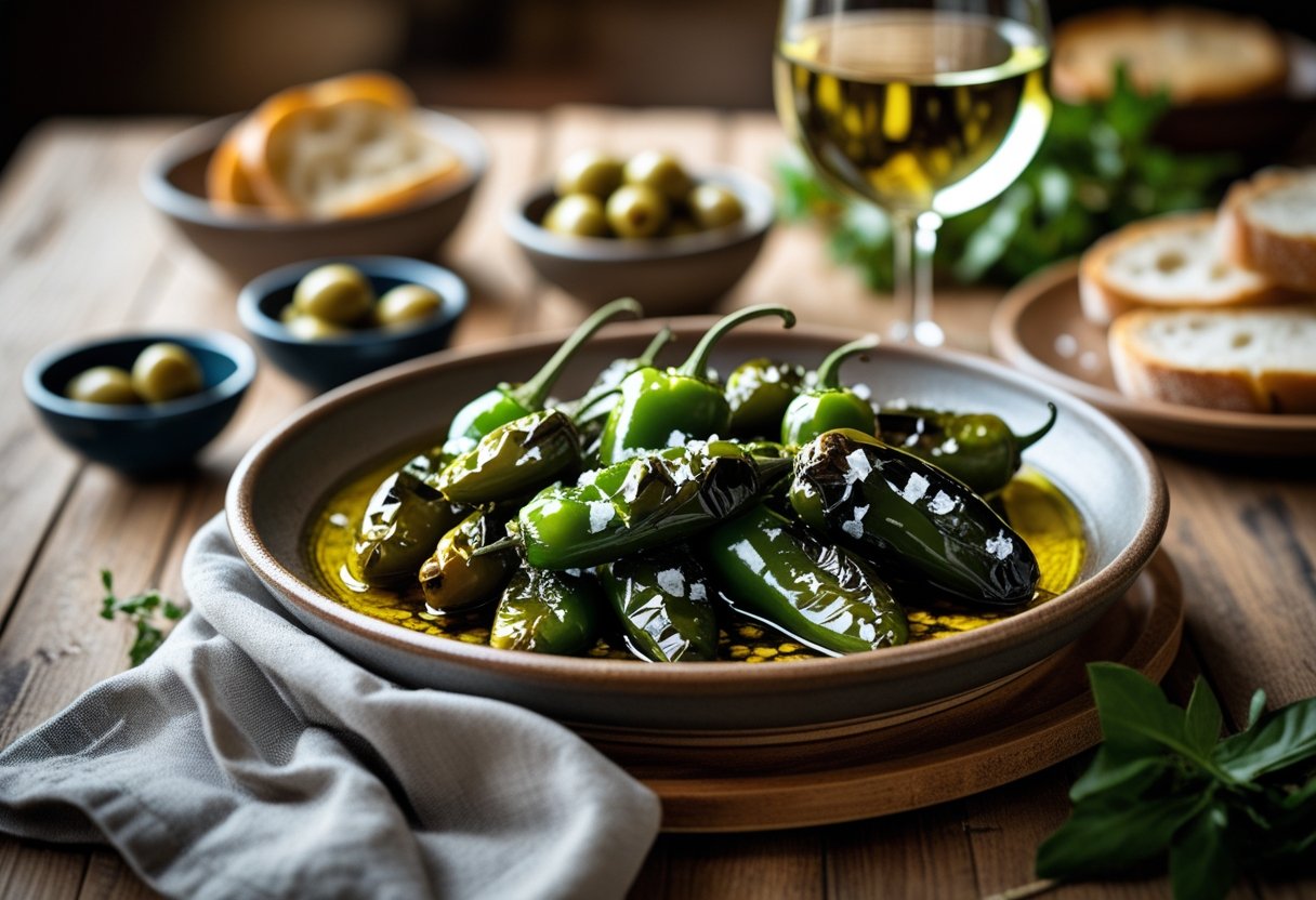 A serving of blistered Pimientos de Padrón on a wooden table with olives, bread, and a glass of white wine.