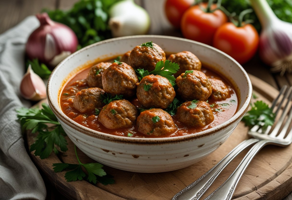 A bowl of meatballs in tomato sauce with fresh ingredients on a wooden table.