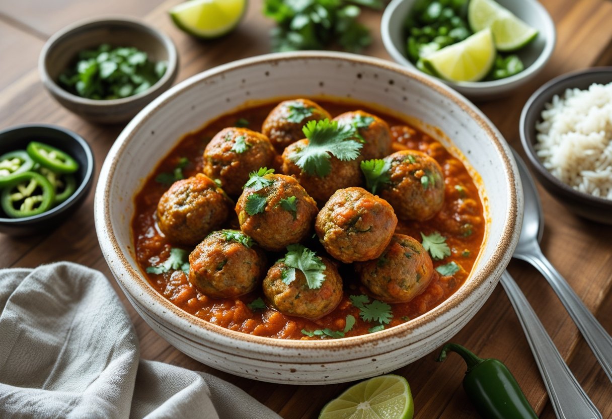 A bowl of albondigas in tomato sauce with small dishes of cilantro, lime wedges, jalapeños, and rice on a wooden table.