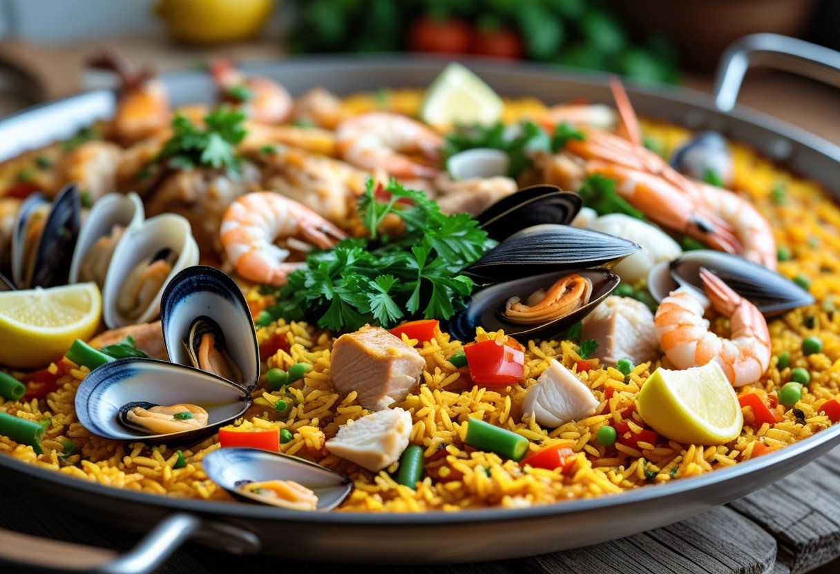 A large pan of paella with golden rice, chicken, vegetables, and assorted seafood including shrimp, mussels, and clams, garnished with lemon wedges and parsley on a wooden table.