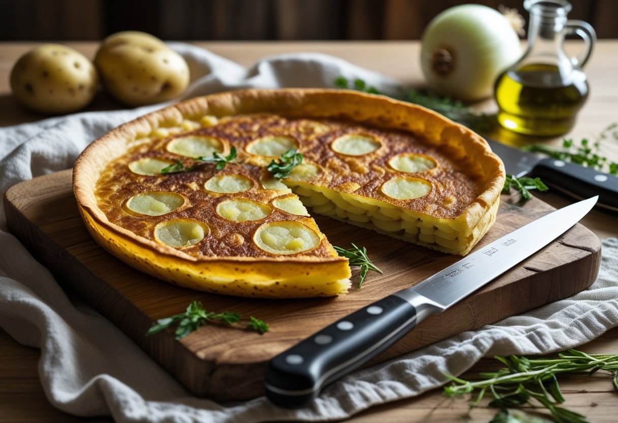 A freshly cooked Tortilla Española on a wooden cutting board with a knife and fresh potatoes and onions nearby.