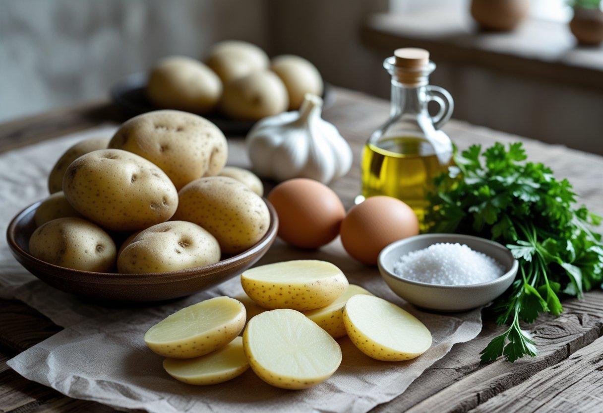A wooden table with potatoes, eggs, olive oil, garlic, salt, and parsley arranged for making a Spanish tortilla.