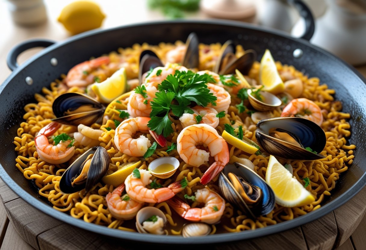 A pan of fideuà with noodles, shrimp, mussels, clams, squid, lemon wedges, and parsley on a wooden table.