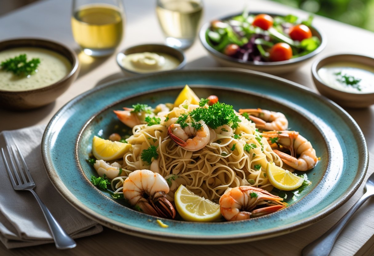 A plated serving of Fideuà with lemon wedges and parsley, accompanied by alioli sauce, white wine, and a side salad on a wooden table.